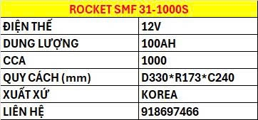 ĂC QUY ROCKET SMF 31-1000S, 12V-100AH - ảnh 3